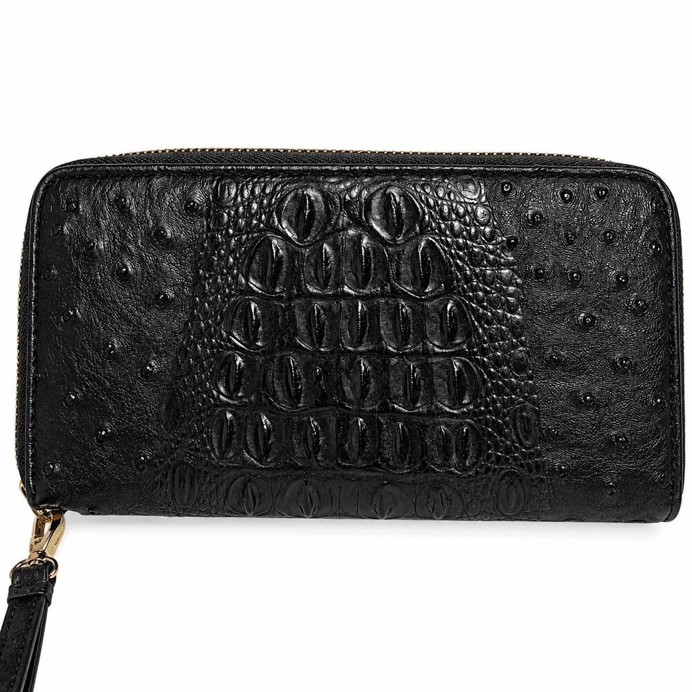 Black Embossed Croc Ostrich Texture Zip Around Wristlet Wallet